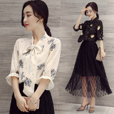 韩版时尚雪纺蝴蝶中袖衬衫修身上装2016夏季新款百搭女士花衬衣潮