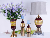 古典新欧式 铜色合金底座红色金边玻璃花瓶台灯 家具家居软装饰品