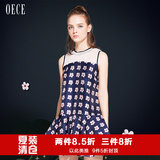 OECE2016夏装新款女装 复古印花拼纱圆领无袖荷叶连衣裙162HS613