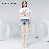 CCDD2016春装新款专柜正品女 镶钻手绘印花时尚短袖 休闲百搭T恤