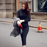 韩版 冬装连衣裙 长袖针织保暖毛衣打底衫高领女修身显瘦中长裙子
