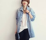 2016春夏季新款韩国代购淑女做旧泛白宽松中长款牛仔外套防晒衣女