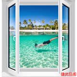 假窗户装饰贴纸椰树海滩 墙贴新款竖版假窗贴风景 3D立体仿真窗其
