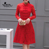 快活鱼秋季新款韩版红色蕾丝时尚打底短裙气质淑女旗袍立领连衣裙