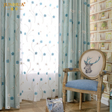 骏华 新中式窗帘 田园棉麻绣花朵蓝色布料 客厅卧室定制成品窗纱
