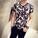 夏季韩版男士涂鸦条纹修身型T恤 网纱帅气衣服紧身镂空短袖体恤潮