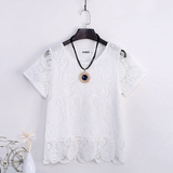 夏季韩版白色蕾丝上衣短袖镂空钩花雪纺衫短款宽松显瘦花边t恤女