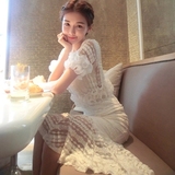 夏装新品夜店韩版性感包臀鱼尾裙蕾丝短袖中长款修身连衣裙两件套
