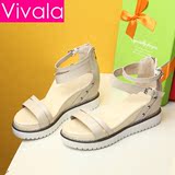 Vivala2015夏季新款铆钉厚底防水台坡跟女凉鞋松糕高跟凉鞋
