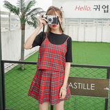 韩版时尚休闲套装夏季女装格子外穿小吊带+半身裙短裙两件套学生