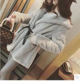 2015冬装新款韩版女士仿皮草外套獭兔毛连帽系带百搭加厚毛绒大衣