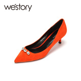 westory2016年新品女单鞋浅口带钻尖头中跟正装羊猄皮W261E50061