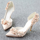 定制新娘婚纱鞋绸缎香槟色花朵中高跟水钻尖头单鞋伴娘鞋春夏