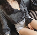 韩国东大门代购女装 小众气质复古显瘦混色长袖T恤 衬衫女潮