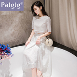 Palglg两件套连衣裙女夏2016新款韩版高腰显瘦五分袖套装绣花长裙