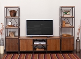 美式铁艺电视柜组合茶几实木复古做旧客厅背景墙柜置物架书架定制