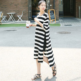 夏装韩版莫代尔时尚个性高开叉宽松大码长款黑白条纹短袖t恤裙女