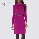 魅斑新款欧美品牌气质2016春装连衣裙长袖修身紫色春装打底连衣裙
