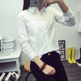 韩版日系纯棉白色衬衫 女长袖简约翻领纯色修身打底衬衣女士衬衣