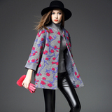 杜嘉班纳DG代购2015冬新款女装欧美宽松提花七分袖羊毛呢大衣外套