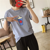 CC14笑脸可乐杯-韩版夏季女装印花细条纹宽松圆领短袖T恤mg74 X