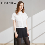 firstview2016夏装新款女短袖透视衬衫白色条纹短款衬衣雪纺上衣