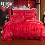 新婚结婚四件套韩式床裙款床罩床单大红色蕾丝婚庆床上用品特价