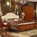 美式床全实木床雕花 欧式床深色 橡木双人床1.8米复古真皮床婚床