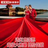 2015主题婚纱影楼摄影服装个性情侣礼服单肩红色长拖尾最新外景