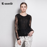 E-World2015春季新款 纯色镂空勾花T恤女 圆领蕾丝打底衫S5412