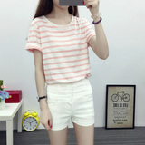 2016夏新款韩版女装纯棉粉色黑白横条纹休闲简约短袖T恤上衣学生