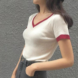 2016夏季新款韩版V领撞色薄款针织衫上衣修身百搭短袖T恤打底衫女