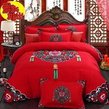 热卖紫罗兰家纺纯棉加厚婚庆床上四件套大红色全棉床单式被套结婚