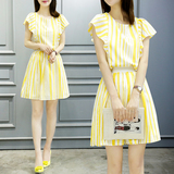 2016夏季韩版新款印花淑女甜美可爱连衣裙 条纹撞色中长裙 两件套