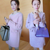 2015新款时尚韩版加厚保暖钉珠小香风外套中长款长袖毛呢连衣裙女