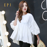 EPJ2016新款韩版白色七分灯笼袖 不规则高腰个性宽松大码衬衫