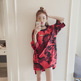 2016夏季韩版大码宽松破洞中长款红色迷彩t恤女百搭显瘦纯棉上衣