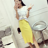 韩国时尚休闲套装女夏装宽松短袖条纹针织衫高腰开叉半身裙两件套