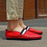 夏季新款潮流男鞋子韩版男士休闲鞋红色皮鞋无跟懒人鞋真皮豆豆鞋