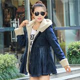 2016秋冬新款韩版女装修身显瘦中长款羊羔毛加绒加厚牛仔风衣外套