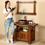 古古拉风古典中式仿古浴室柜组合 做旧复古榆木实木卫生间洗脸柜