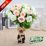 欧式陶瓷花瓶套装 客厅餐桌摆设玫瑰仿真花套装玄关摆件创意装饰