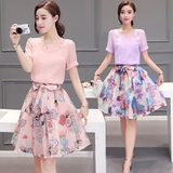 2016夏季新款韩版女装雪纺短袖气质显瘦印花连衣裙两件套装中长款