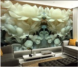 3D立体浮雕玉雕荷花中式壁画客厅沙发电视背景墙画墙纸壁纸大型布