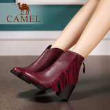 Camel/骆驼女鞋 时尚优雅 牛皮羊猄圆头高跟粗跟拉链中筒女靴新款