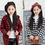冬款女童童装韩版中长款格子毛呢外套中大童女孩加厚连帽呢子大衣