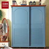 地中海衣柜 美式蓝白色推拉门实木衣橱 两门三门四门五门趟门衣柜