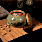 古典中国风越窑手绘陶瓷荷花带流苏办公桌摆件荷花收纳罐长辈礼物