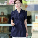2016夏装新款短袖衬衫女 韩版宽松显瘦衬衣中长款波点大码妈妈装