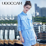 UGOCCAM2016春装新款女装衬衣 蓝色宽松条纹显瘦长袖衬衫连衣裙